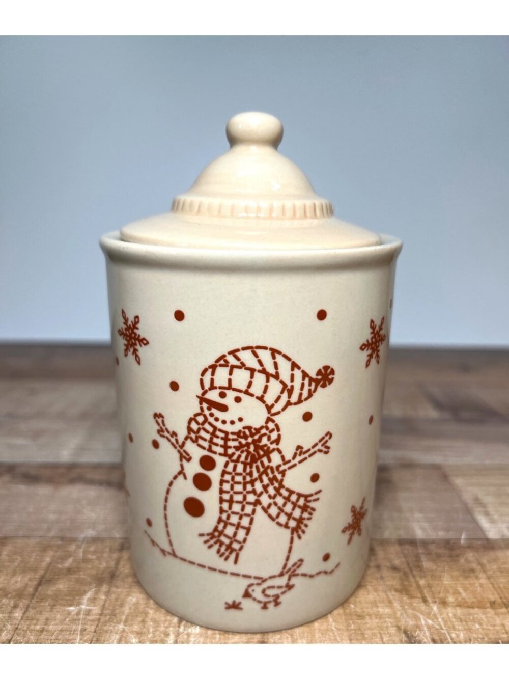 Snowman & Snowflake Cream Ceramic Canister With Lid Holiday Decor